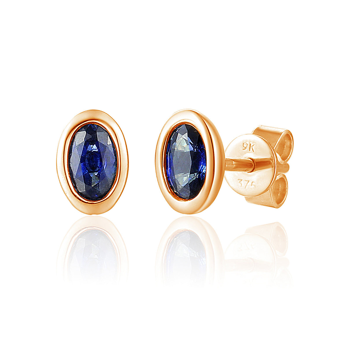 Oval blue sapphire rubover stud earrings in 18k rose gold