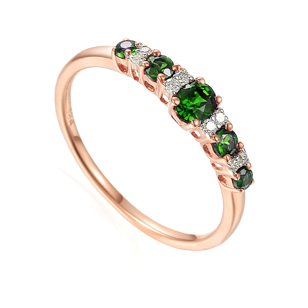Emerald and diamond graduated five stone ring in 18k rose gold