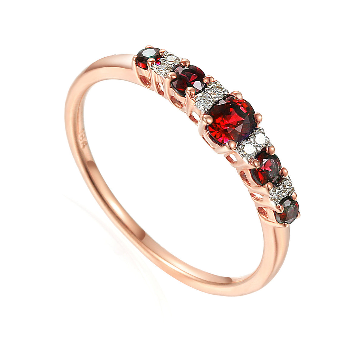 Ruby and diamond graduated five stone ring in 18k rose gold