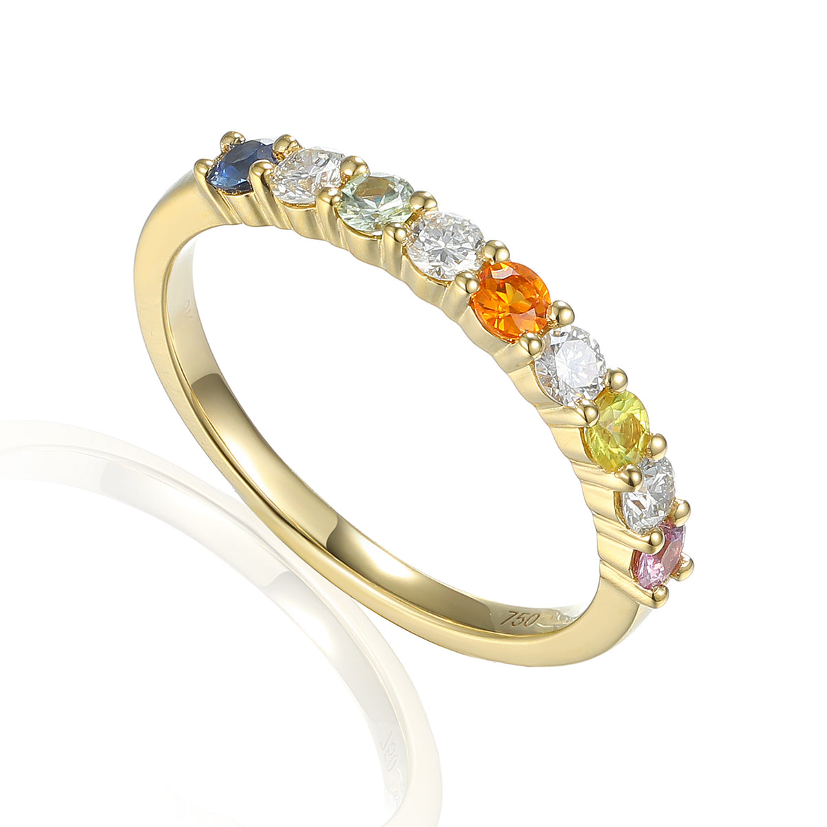 Rainbow sapphire and diamond half eternity stacking ring in 18k yellow gold