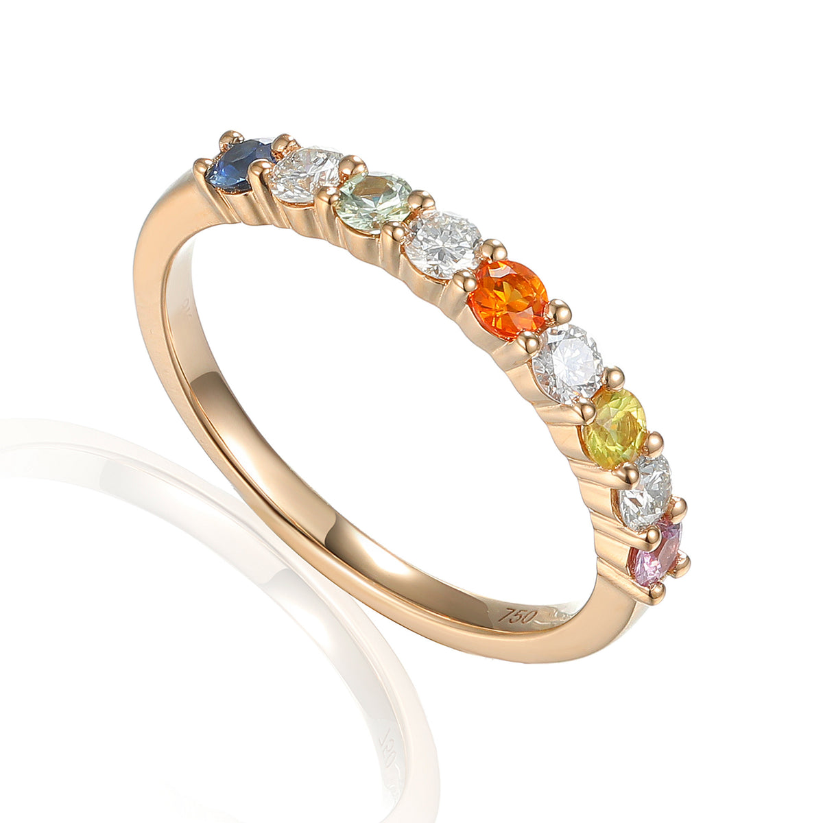 Rainbow sapphire and diamond half eternity stacking ring in 18k rose gold