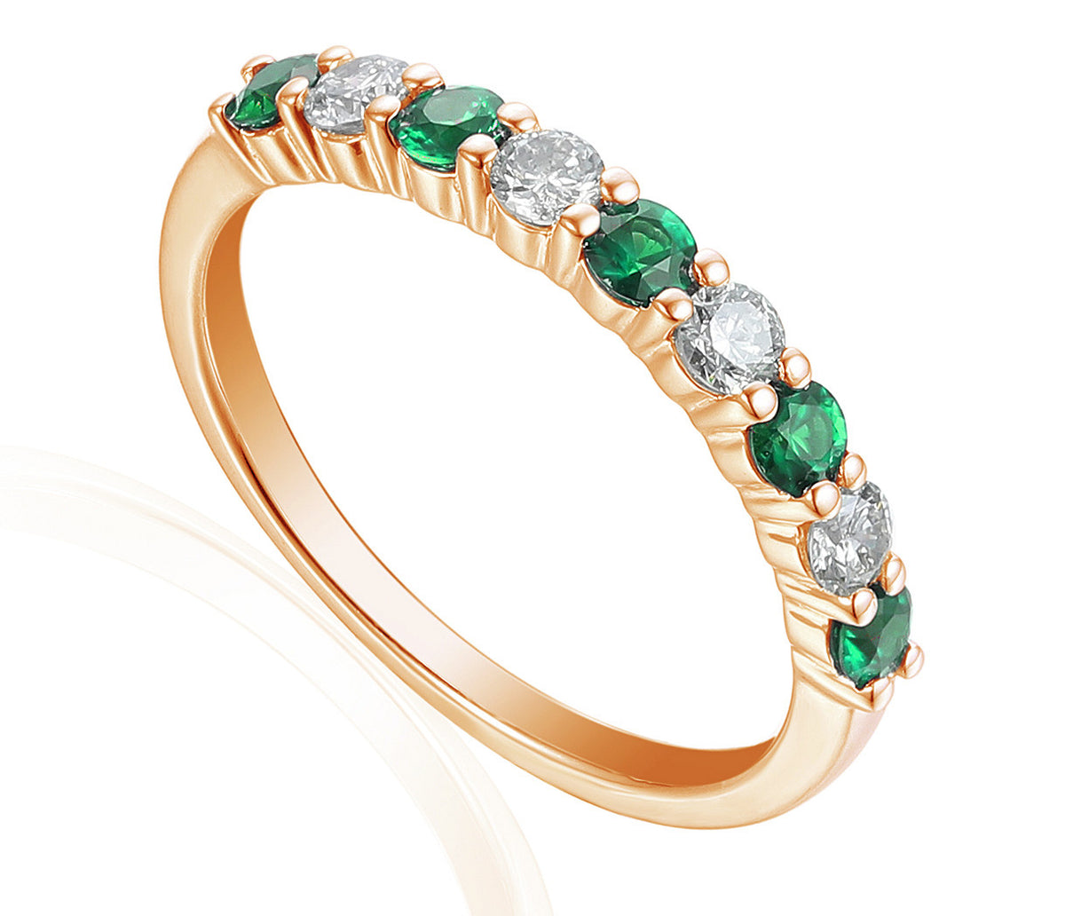 Emerald and diamond half eternity stacking ring in 18k rose gold