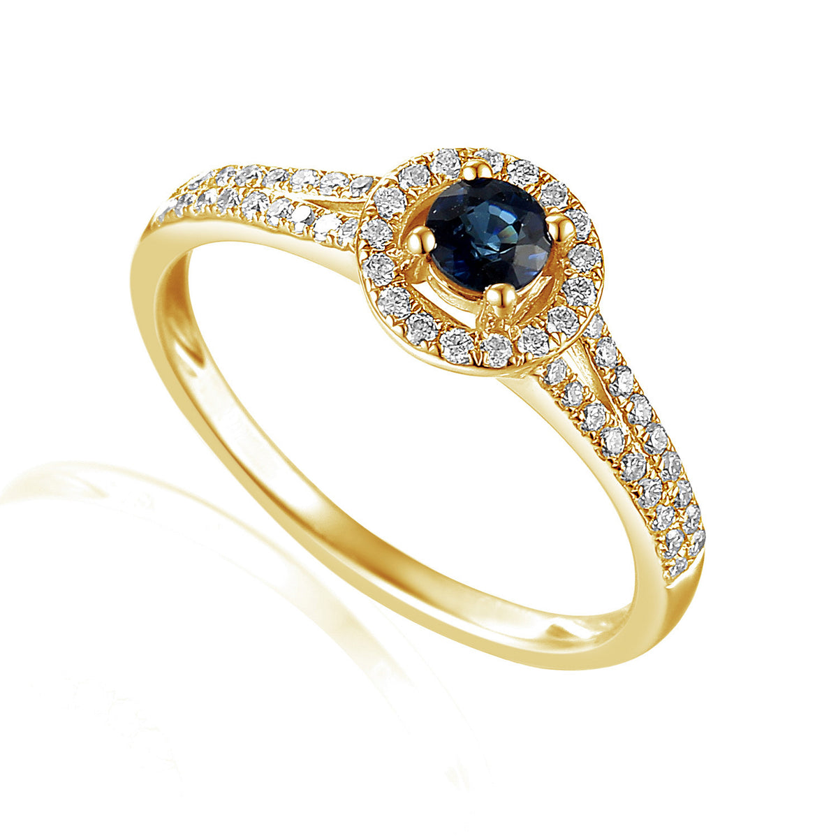 Blue sapphire and diamond halo ring in 18k yellow gold