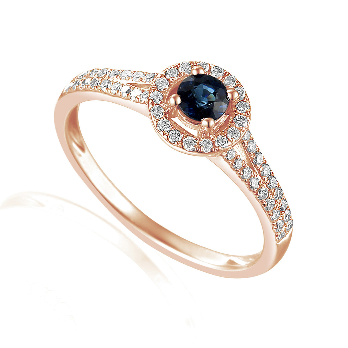 Blue sapphire and diamond halo ring in 18k rose gold