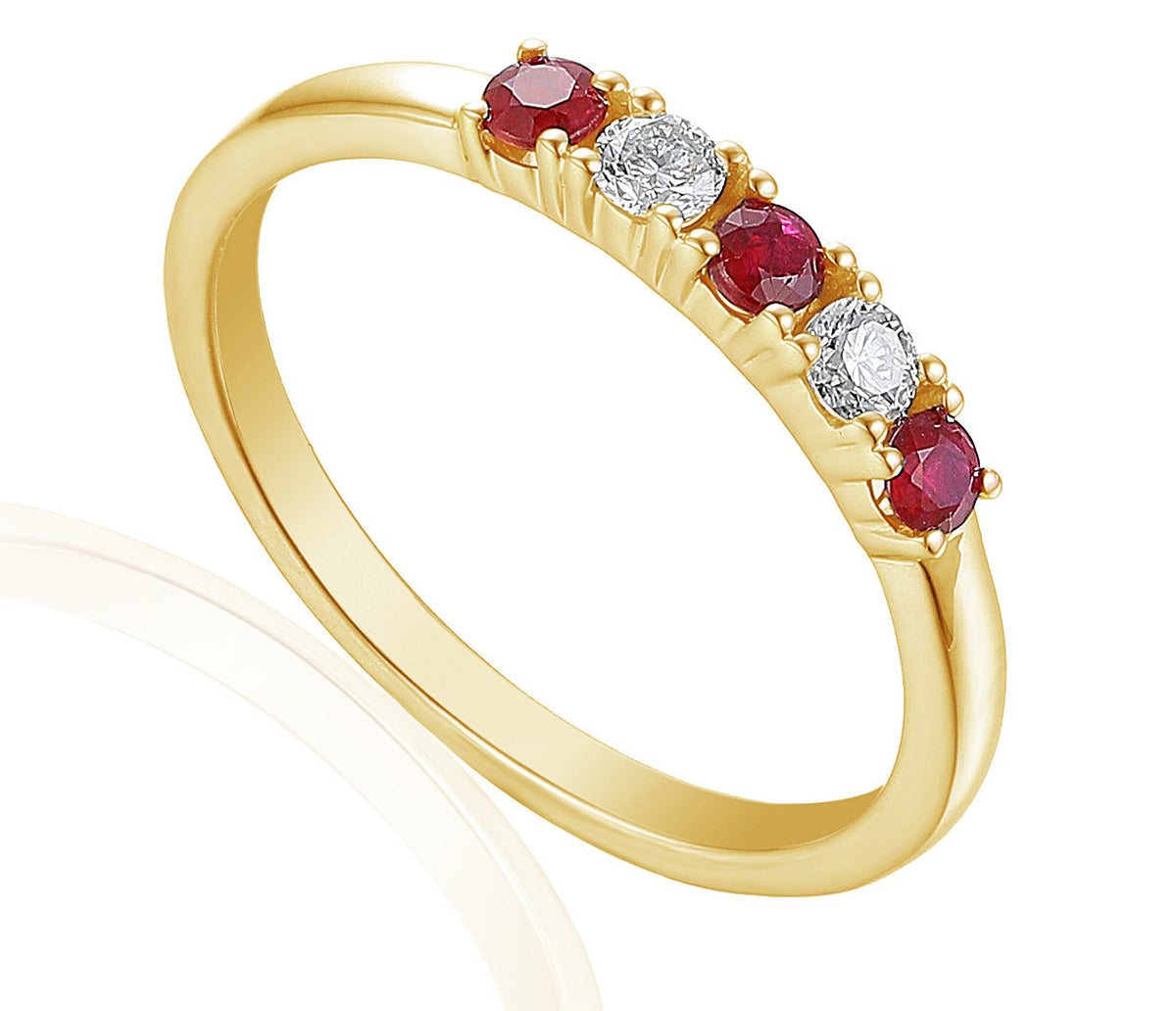 Ruby and diamond five stone ring in 18k yellow gold