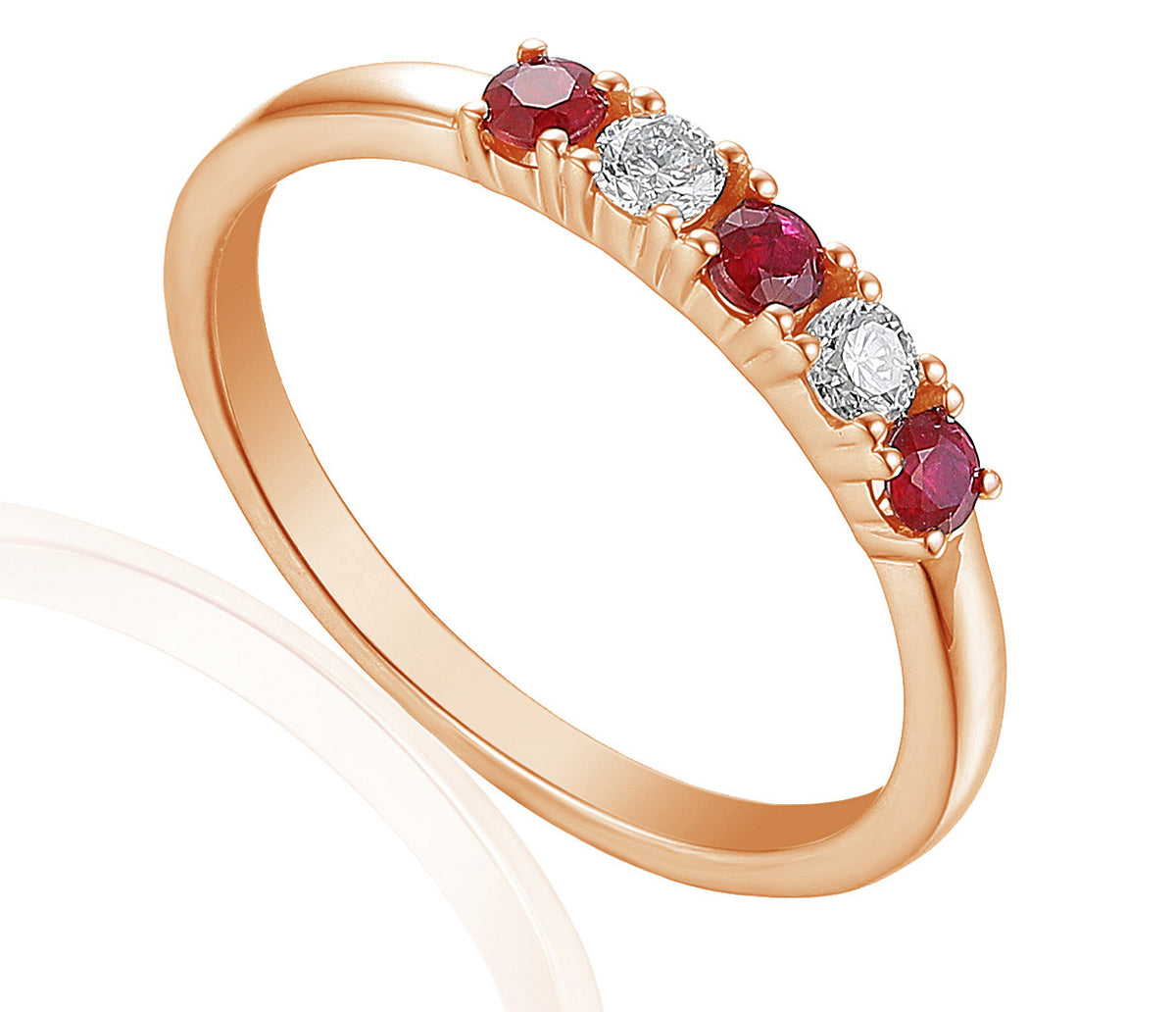 Ruby and diamond five stone ring in 18k rose gold