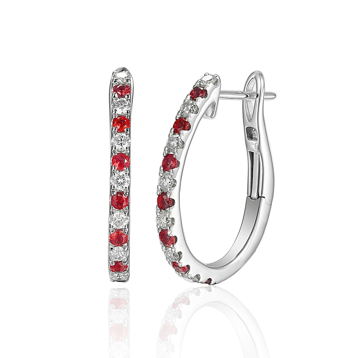 18k White Gold Micro Set Round Ruby & Round Diamond Huggie Hoop Earrings - The Real Gem
