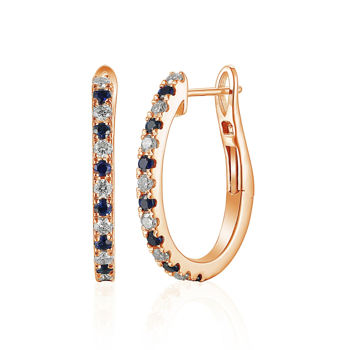18k Rose Gold Micro Set Round Blue Sapphire & Round Diamond Huggie Hoop Earrings - The Real Gem