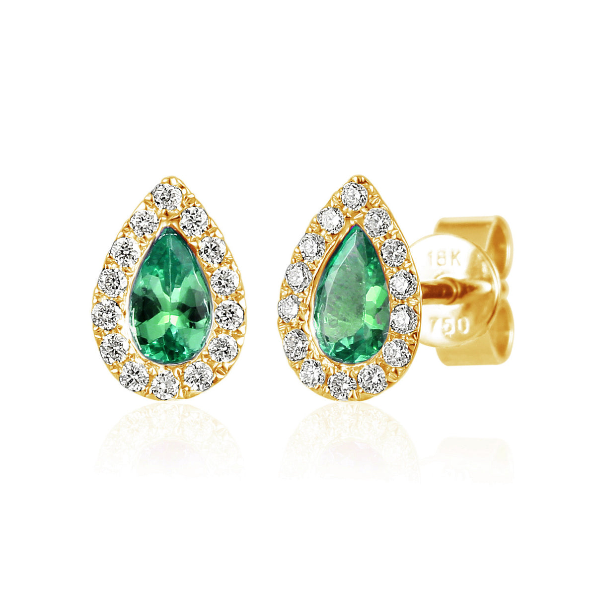 Pear emerald and diamond rubover halo earrings in 18k yellow gold