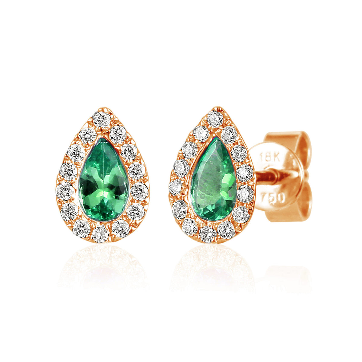 Pear emerald and diamond rubover halo earrings in 18k rose gold