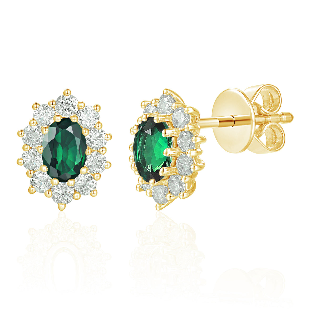 Oval emerald and diamond 0.42ct cluster earrings in 18k yellow gold