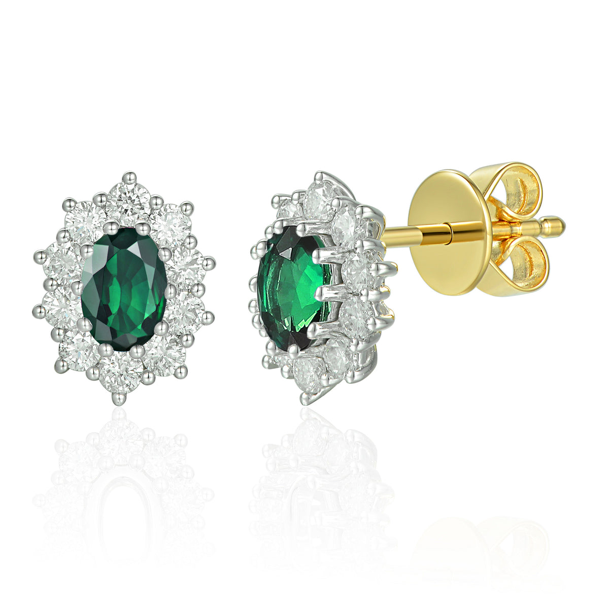 Oval emerald and diamond 0.42ct cluster earrings in 18k yellow and white gold