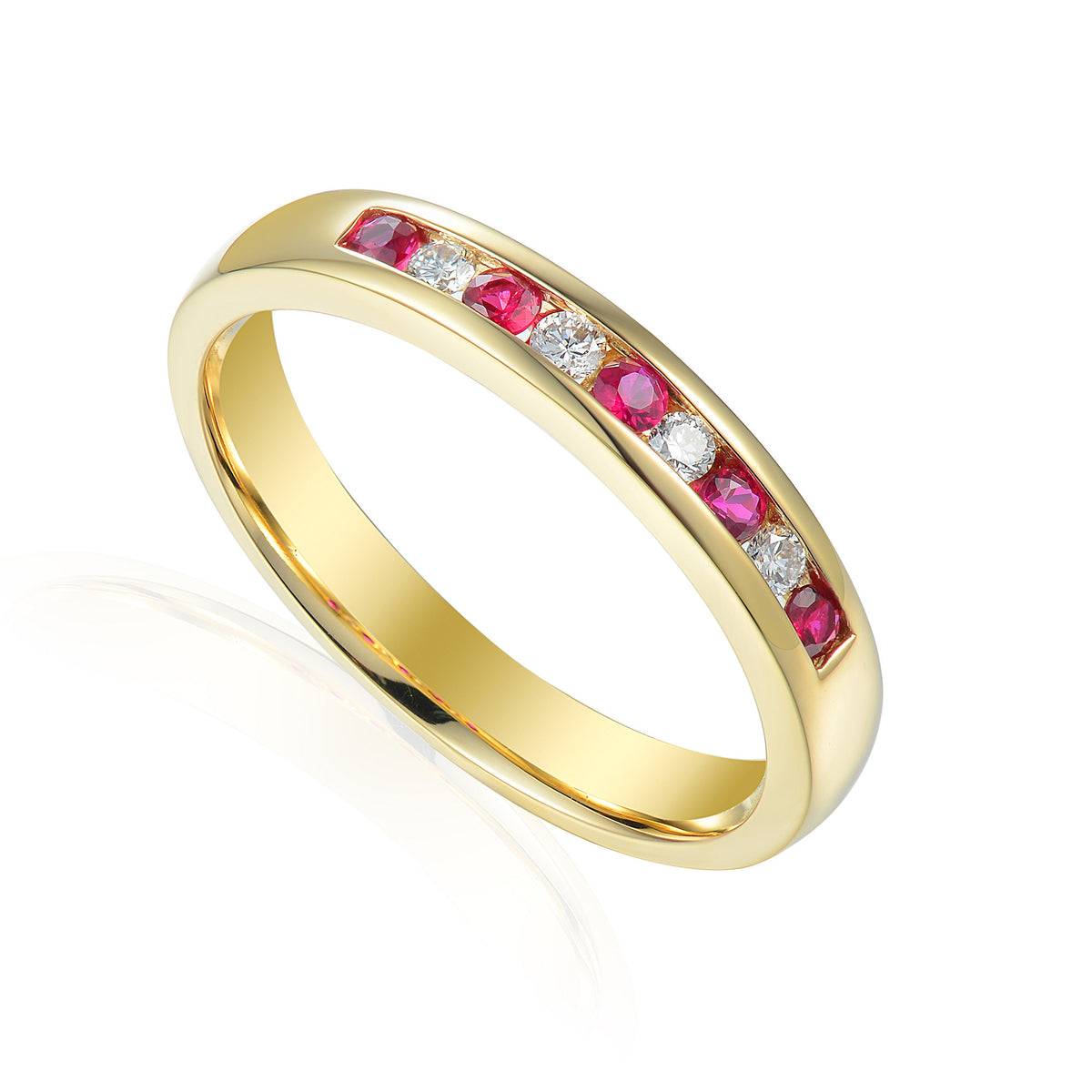 Ruby and diamond channel set half eternity ring in 18k yellow gold