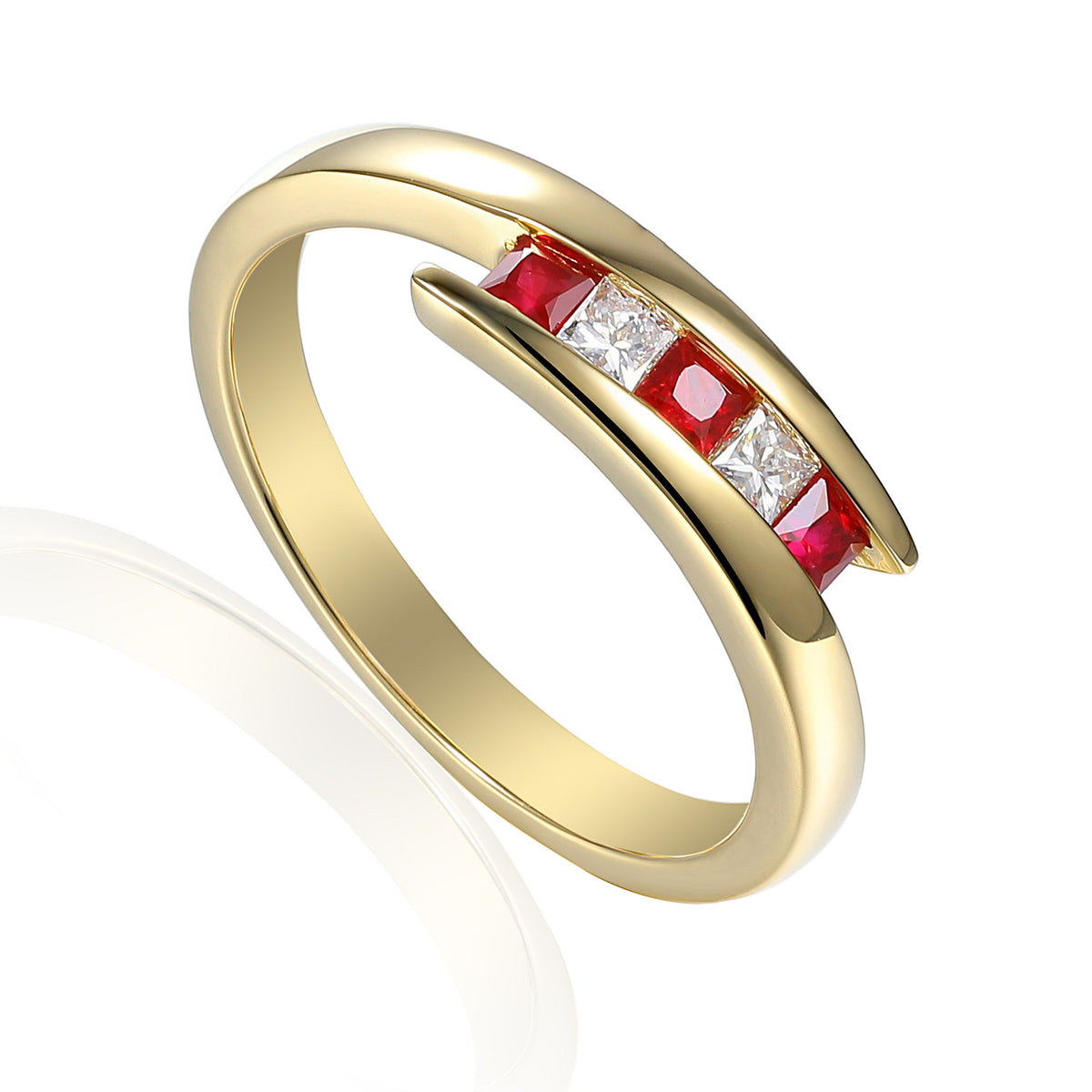 Ruby and diamond princess cut crossover ring in 18k yellow gold