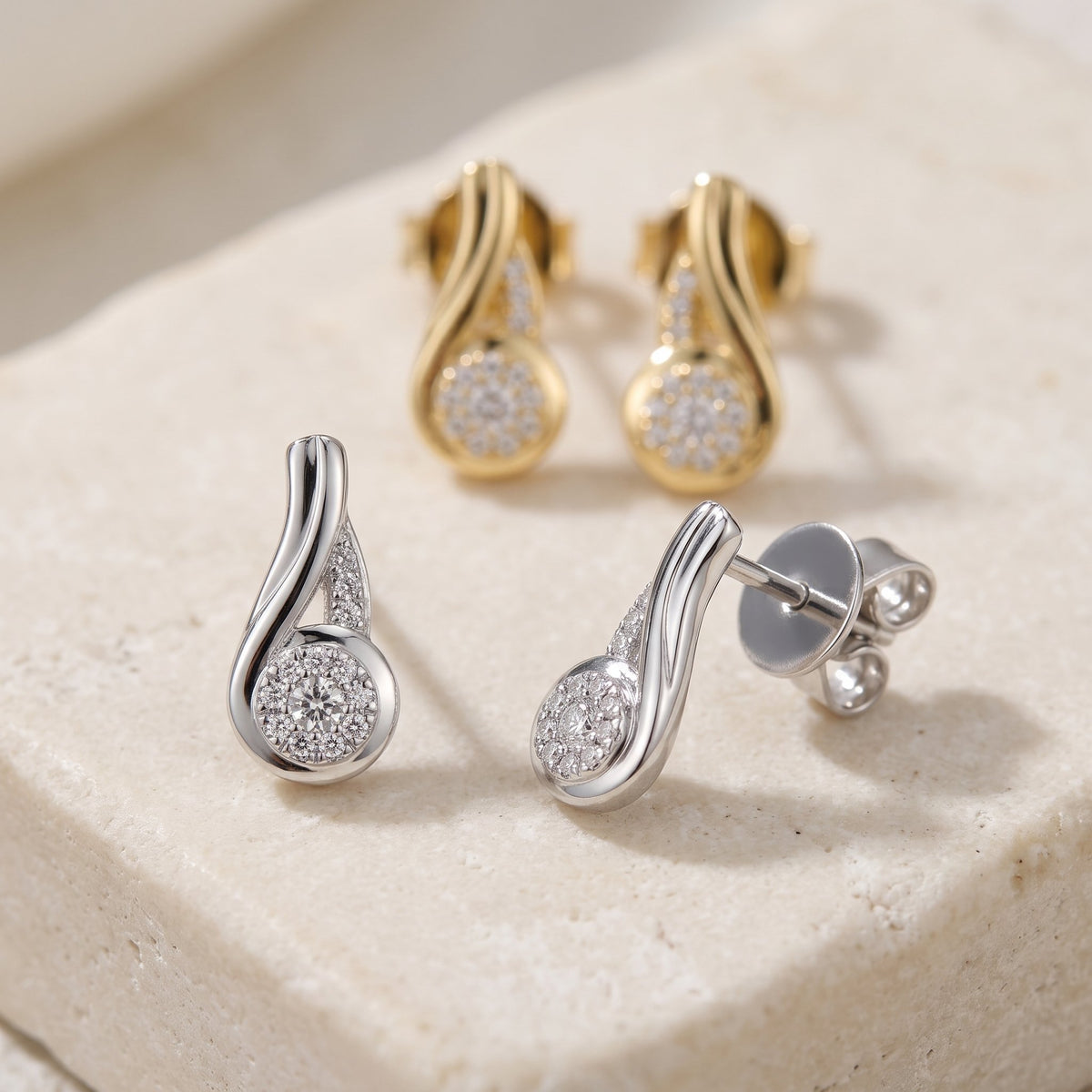 Micro set diamond drop earrings 0.10ct in 18k white and yellow gold