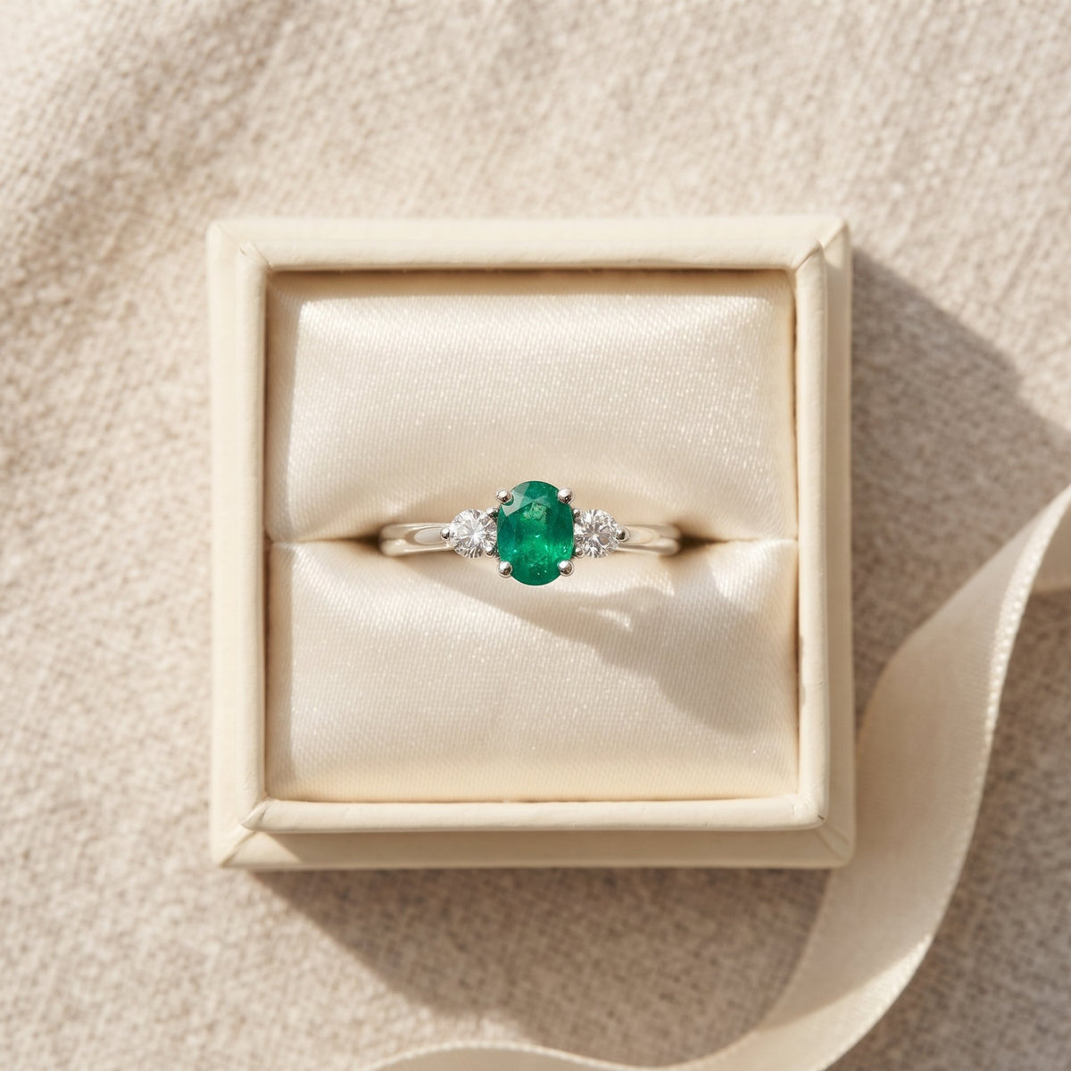 18k white gold oval emerald and diamond three stone ring in an open gift box