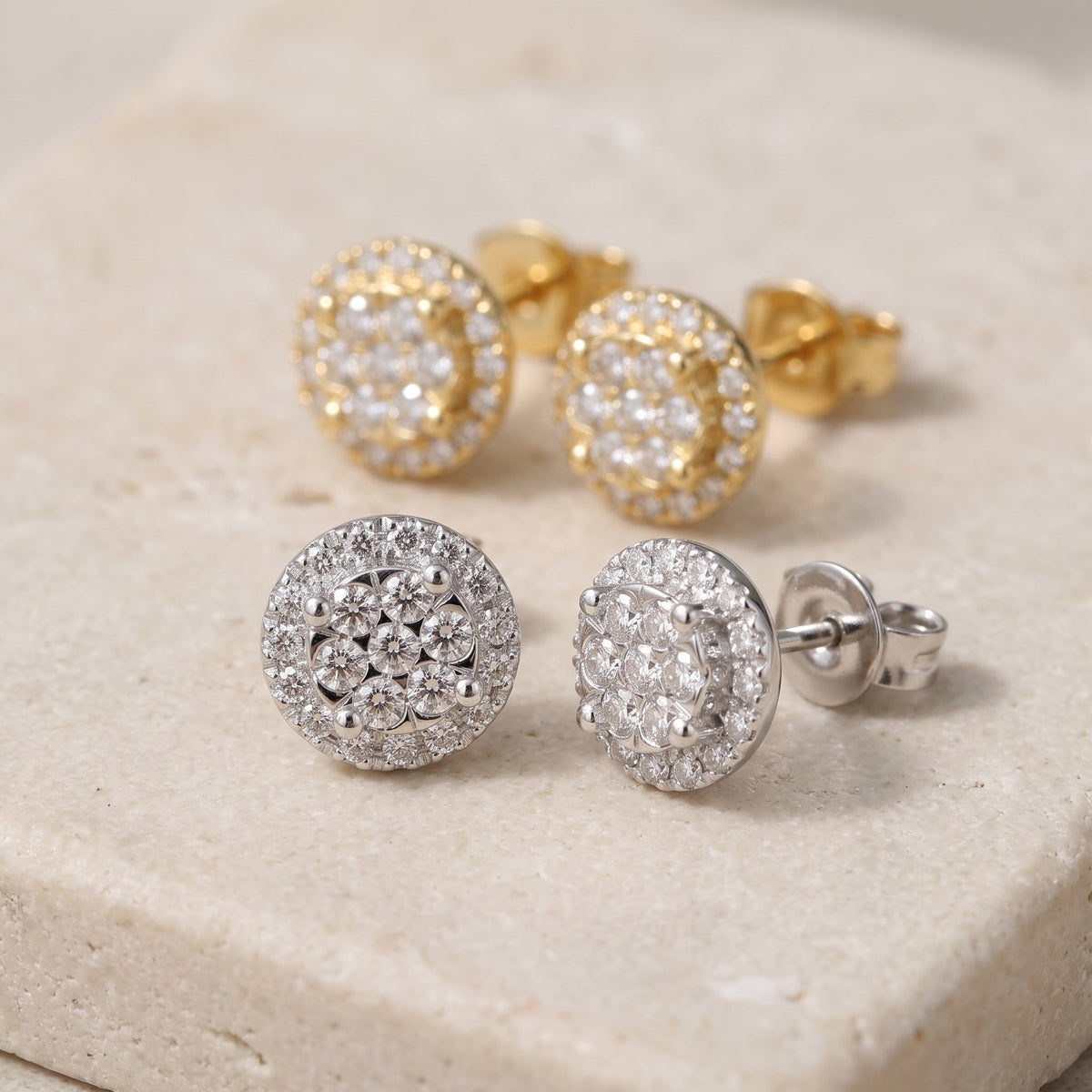 Pavé and claw set diamond circle stud earrings 0.50ct in 18k white and yellow gold