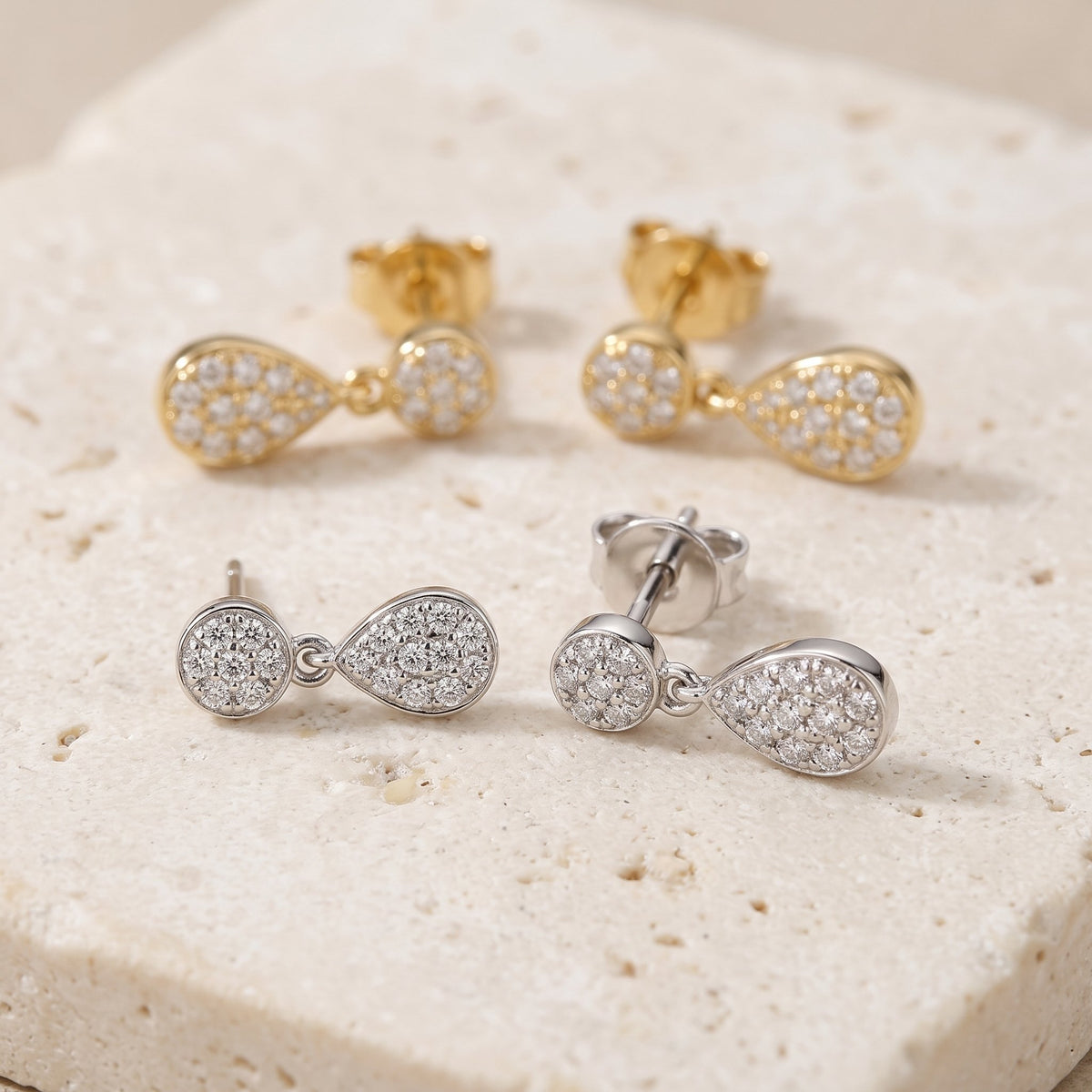 Pavé diamond pear drop earrings 0.22ct in 18k white and yellow gold