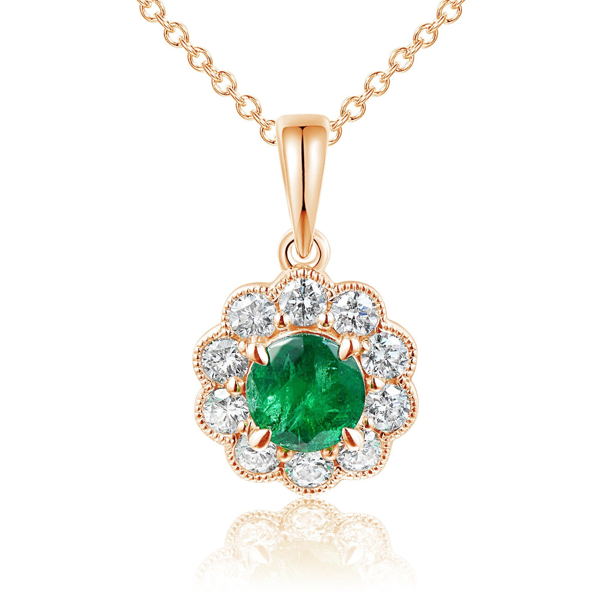 Claw Set Round Emerald & Micro Set Round Diamond Halo Pendant – The Real Gem