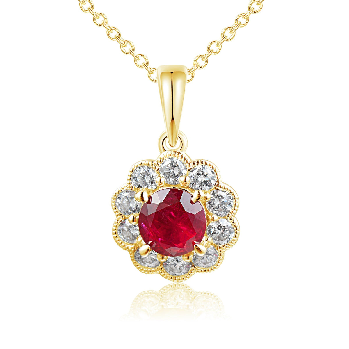 Claw Set Round Ruby & Micro Set Round Diamond Halo Pendant – The Real Gem