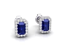 Video of emerald cut blue sapphire and diamond halo earrings