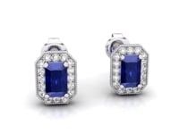 Video of blue sapphire and diamond emerald cut halo stud earrings