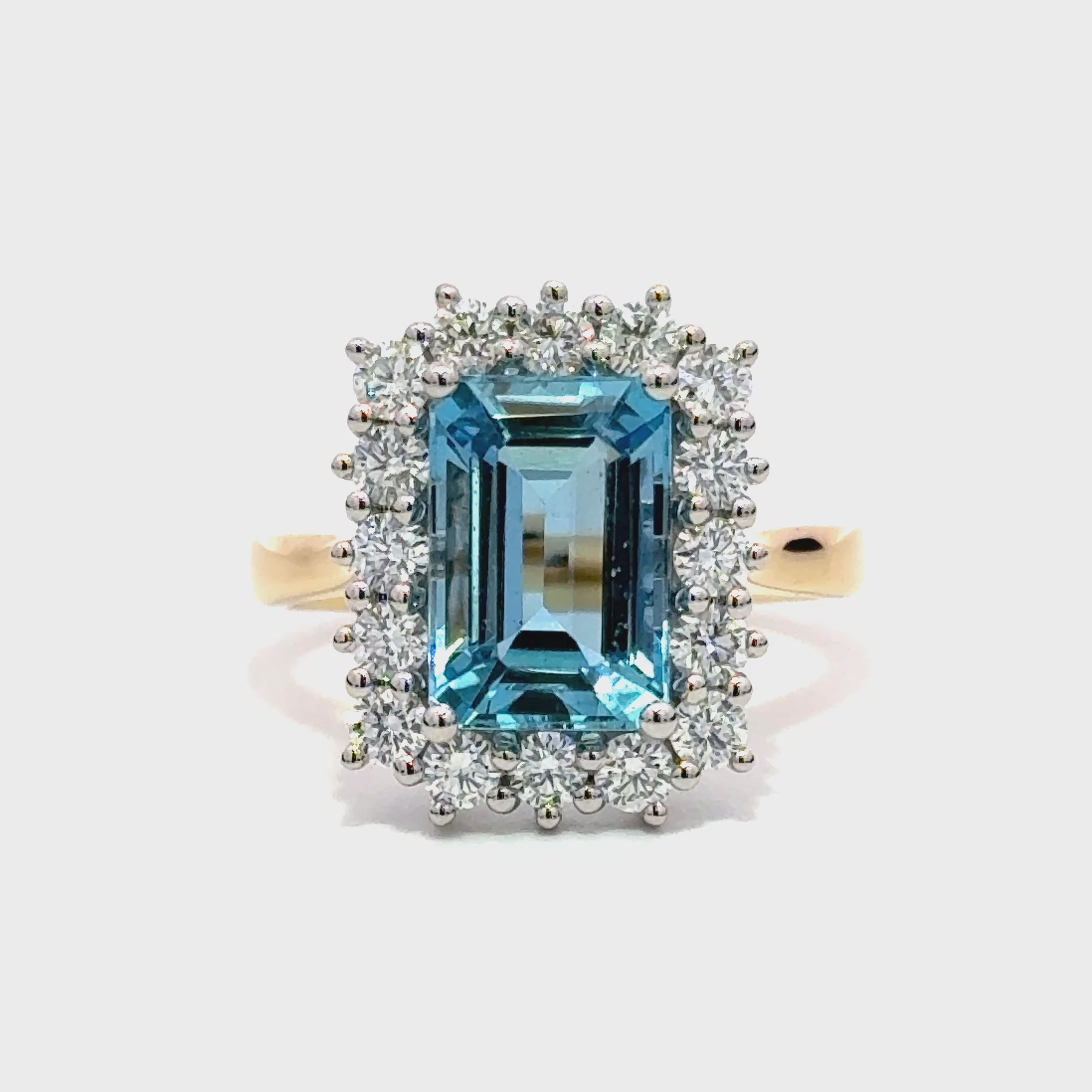 18k Yellow Gold and Platinum Aquamarine 3.05ct & Diamond 0.89ct Cluster Ring - The Real Gem