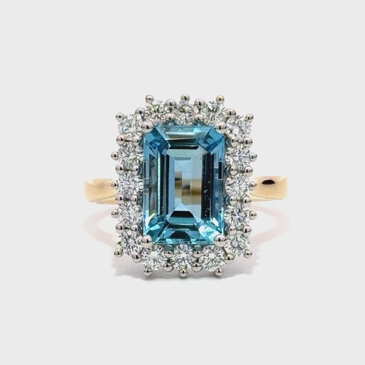 18k Yellow Gold and Platinum Aquamarine 3.05ct & Diamond 0.89ct Cluster Ring - The Real Gem